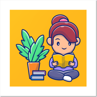 Cute girl reading book cartoon Posters and Art